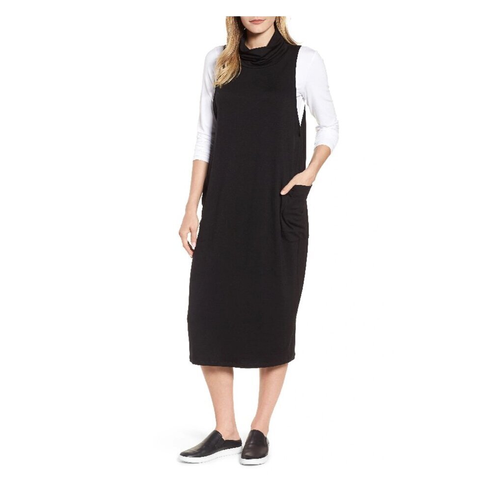 EILEEN FISHER Black Cowl Neck Sleeveless‎ Knit Midi Dress Pockets